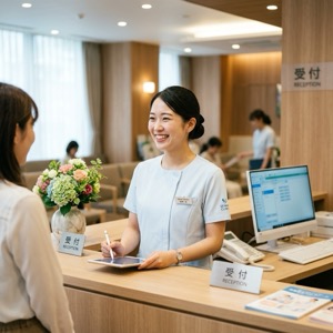 笑顔で対応する受付スタッフ