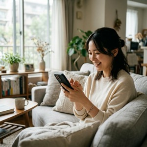 スマホで口コミを書く女性